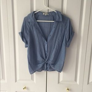 blue button up knotted tee
